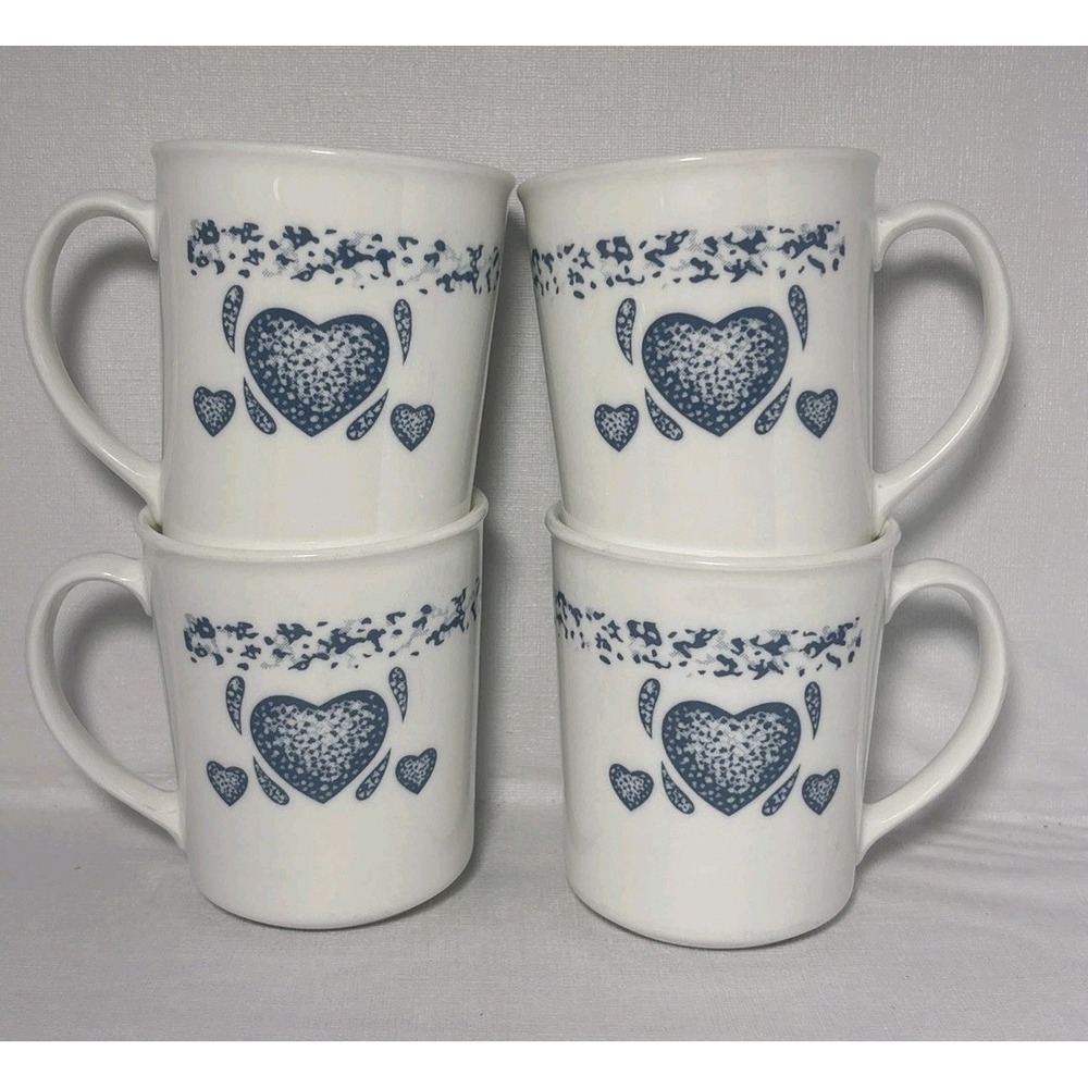 4 Vintage Corelle By Corning "Blue Heart"  Coffee Cups Cottagecore